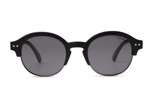 A pair of stylish black round Liive Canggu Polar Sunglasses with dark polarized grey lenses. The frame features subtle metal accents near the hinges and a sleek, modern design. The dark-tinted lenses provide full UV protection, ensuring complete coverage for your eyes.