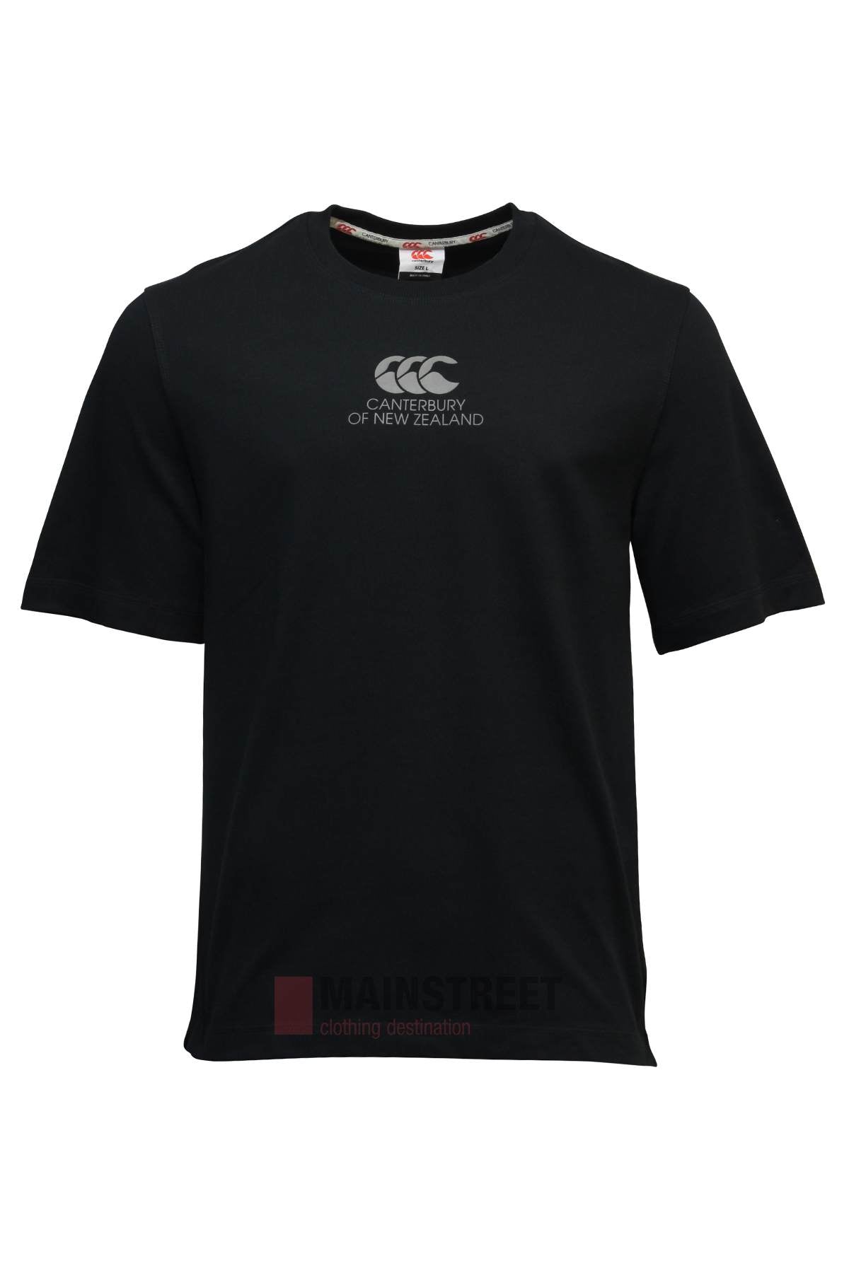 The Canterbury Heritage T-Shirt is a plain black 100% cotton round neck tee with the iconic white "Canterbury of New Zealand" CCC logo and text on the chest.