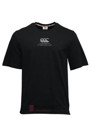 The Canterbury Heritage T-Shirt is a plain black 100% cotton round neck tee with the iconic white "Canterbury of New Zealand" CCC logo and text on the chest.