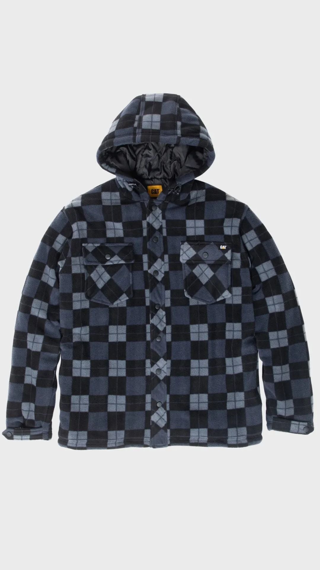 The CAT Active Work Jacket is a hooded flannel shirt jacket with a black and gray plaid pattern, button-up front, long sleeves with adjustable cuffs, and two chest pockets with button flaps.