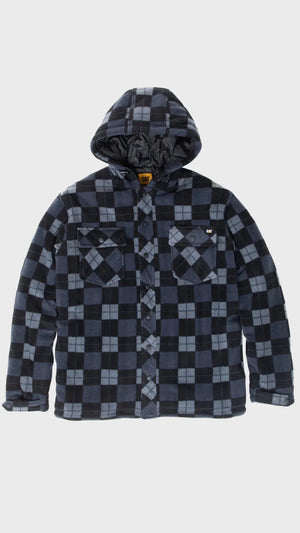 The CAT Active Work Jacket is a hooded flannel shirt jacket with a black and gray plaid pattern, button-up front, long sleeves with adjustable cuffs, and two chest pockets with button flaps.