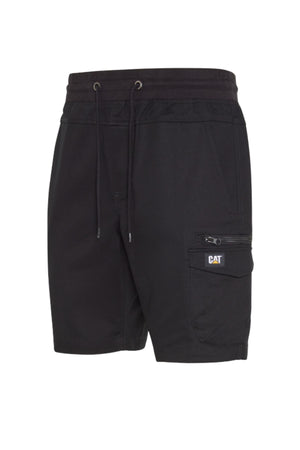 The CAT Diesel Short 2.0 features durable black stretch ripstop fabric, a drawstring waist, side pockets, and a zip pocket on the right leg with a small CAT logo patch, shown against a plain white background.