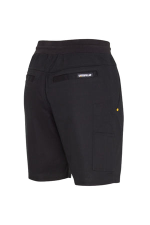 The CAT Diesel Short 2.0 features an elastic waistband, zippered back pockets, a side cargo pocket, and a small Caterpillar logo above the right back pocket. Shown from the rear against a white backdrop.