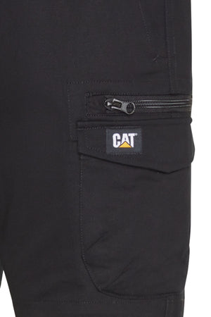 Close-up of a black pocket with a visible zipper and yellow-and-white CAT logo patch on durable CAT Diesel Short 2.0, showcasing its quality.
