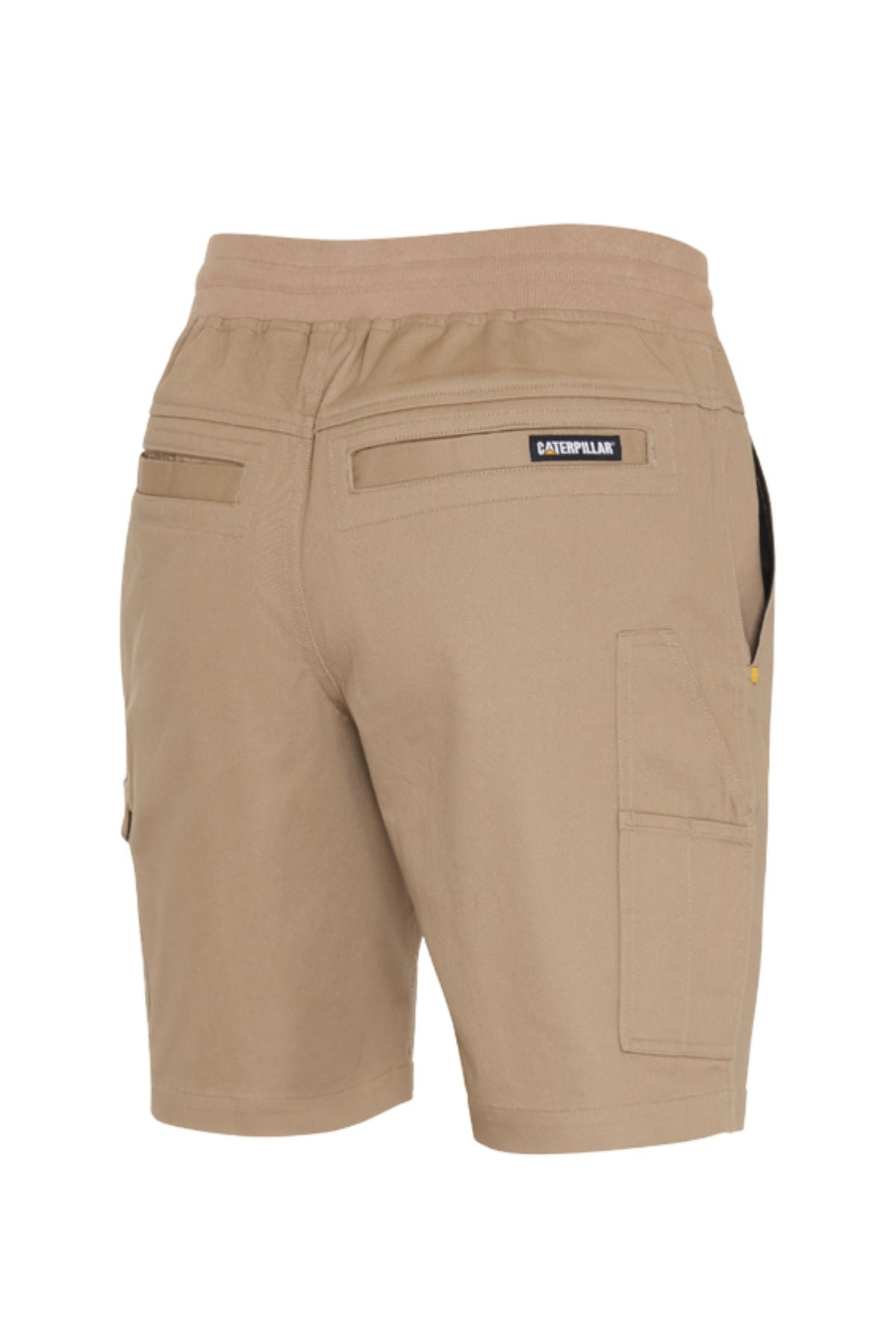 The CAT Diesel Short 2.0 in beige, shown from the back, features durable stretch ripstop fabric, multiple pockets including two rear flapped, a side cargo pocket, and a small "Caterpillar" label above the right rear pocket.