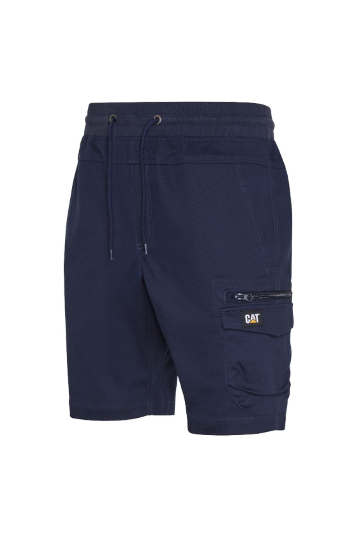 CAT Diesel Short 2.0 in navy blue features an elastic waistband with drawstring, stretch ripstop fabric, multiple pockets—including a zippered side pocket—and a small CAT logo patch. Shown on a plain white background.