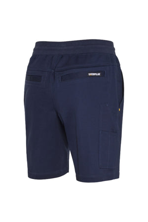 The CAT Diesel Short 2.0 in navy blue is shown from the back, with an elastic waistband, flap back pockets, a side cargo pocket, and a "CATerpillar" logo above one pocket. Made with stretch ripstop for durability and comfort.