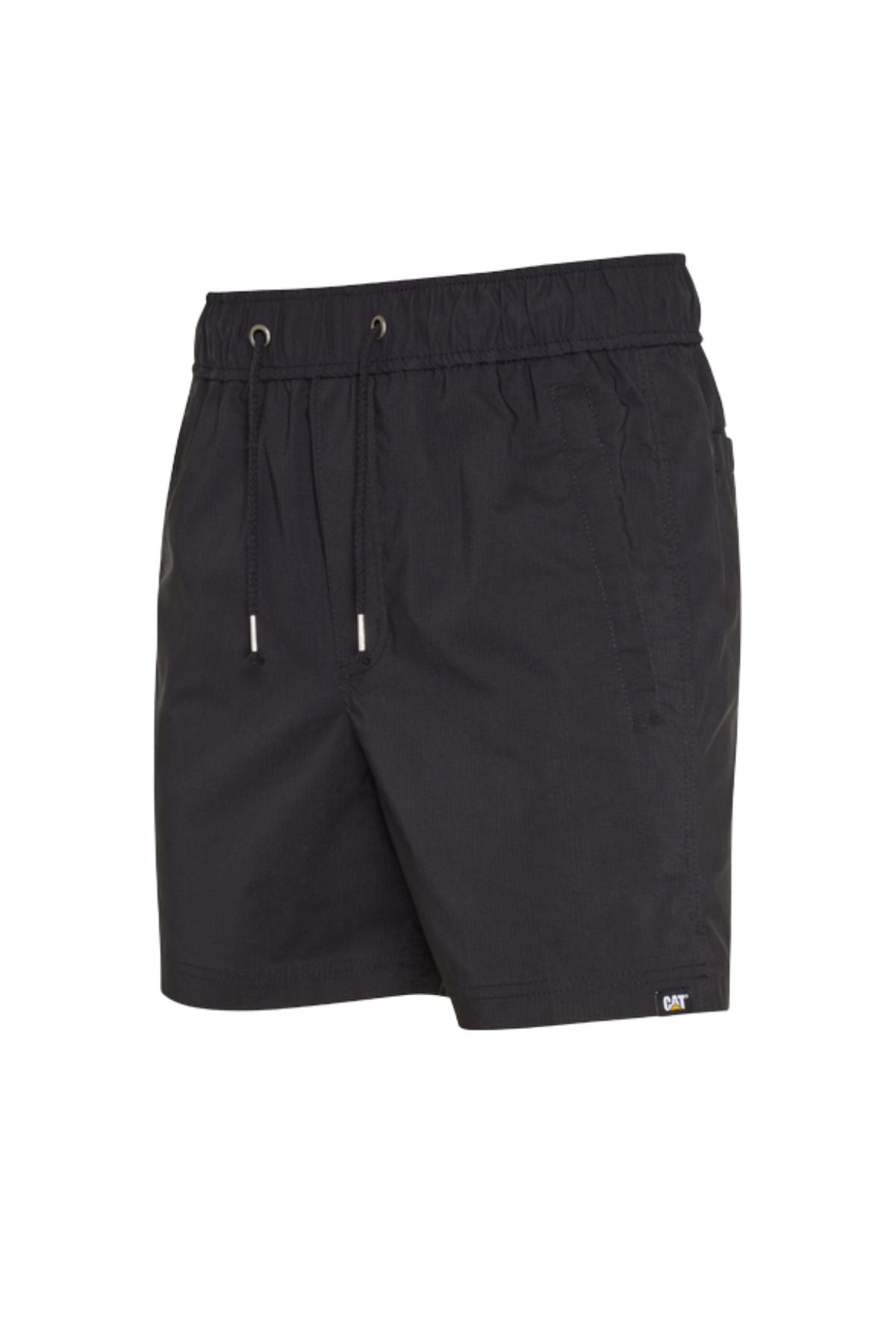 The CAT Hydraulic Short is a black stretch work short with an elastic waistband, side pockets, and a small "CAT" logo tag near the hem. Displayed on a plain white background, these shorts offer comfort and durability for any task.