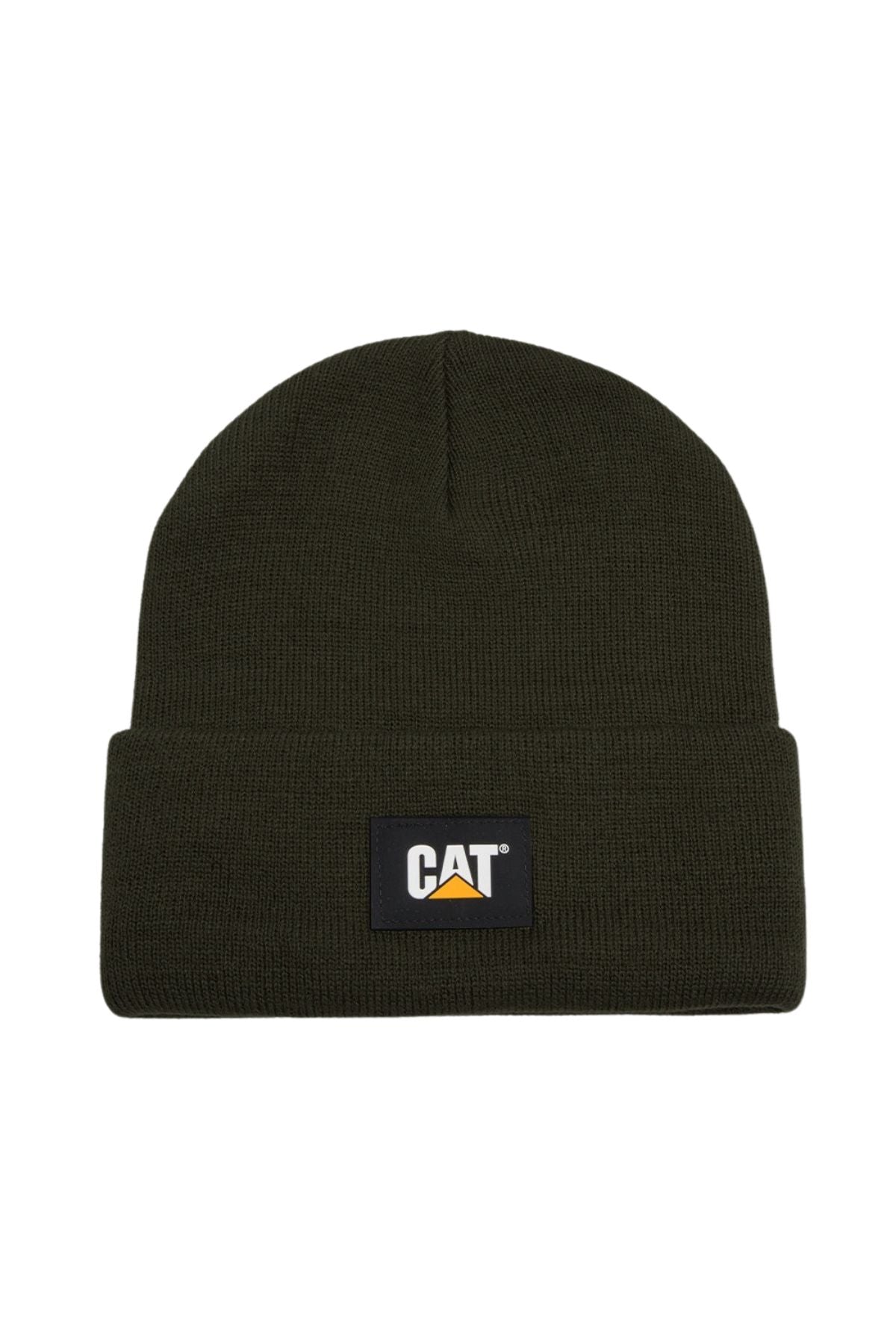 The CAT Label Cuff Beanie is a dark green knit hat with a folded brim and an embroidered yellow, white, and black logo patch on the front for warmth and comfort.