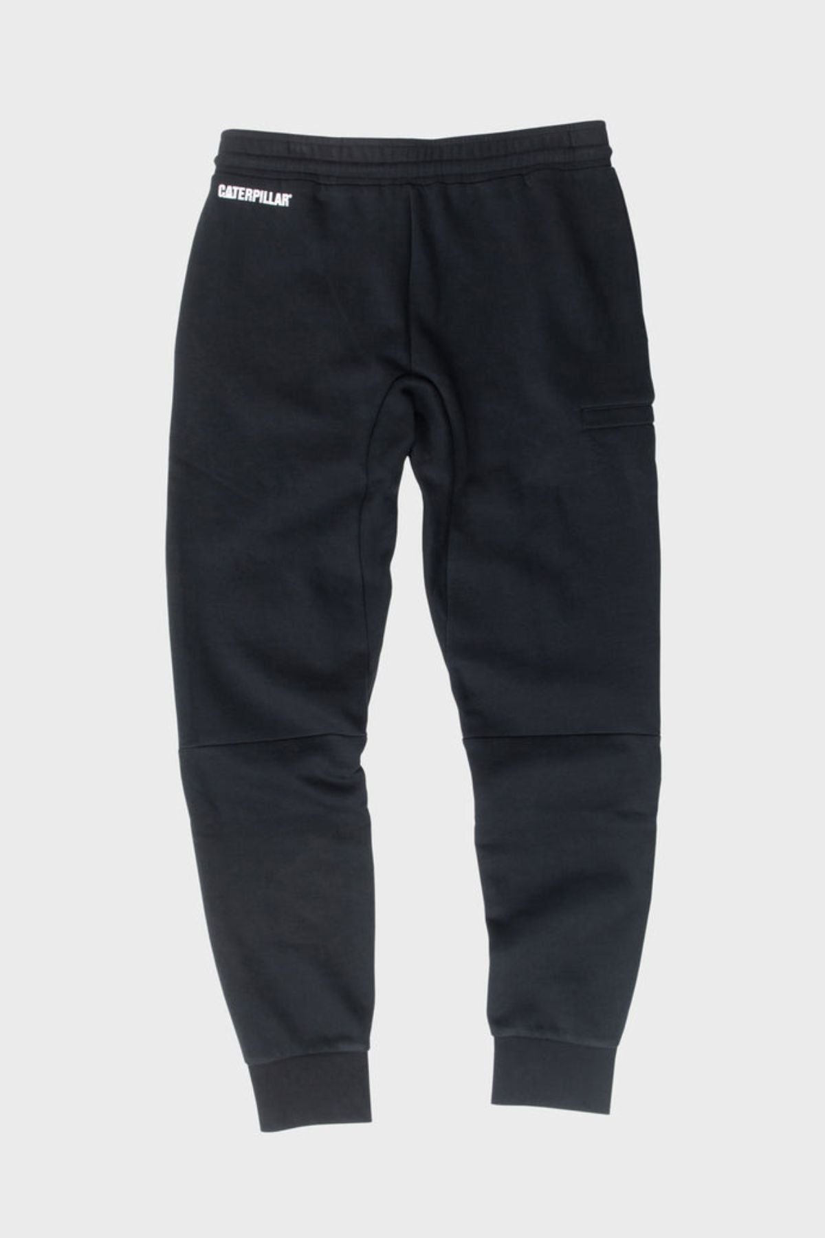 CAT TM Fleece Track Pant in black with a tapered fit, ribbed cuffs, single side pocket, and small white CAT logo on the left hip, displayed flat on a light gray background.