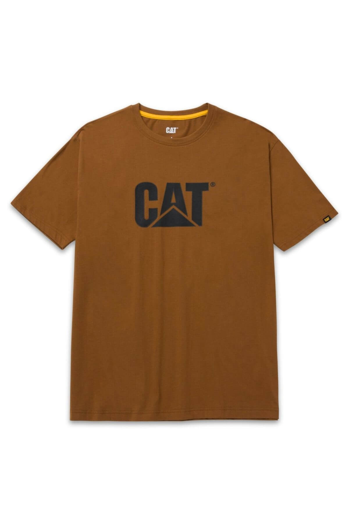 The CAT Trademark Logo Tee is a comfortable brown cotton short-sleeve shirt with a bold black CAT print and yellow triangle on the chest, crew neckline, and a branded tag on the left sleeve.