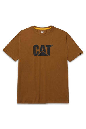 The CAT Trademark Logo Tee is a comfortable brown cotton short-sleeve shirt with a bold black CAT print and yellow triangle on the chest, crew neckline, and a branded tag on the left sleeve.