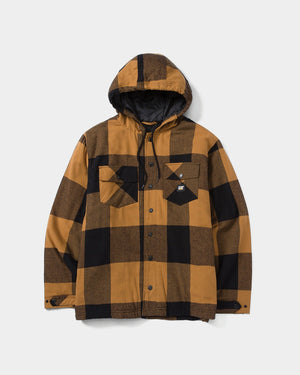 The CAT Hooded Flannel Shirt Jacket, shown on a white background, features a brown and black plaid pattern, front snap buttons, two flap chest pockets, black drawstrings, and is made from 100% recycled polyester with recycled insulation.