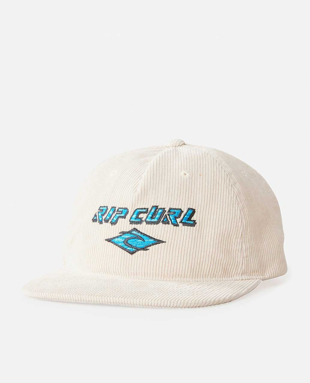 The Rip Curl Diamond Adj Cap is a beige corduroy design featuring a flat brim and an embroidered "RIP CURL" logo in blue and turquoise, with a stylized wave design beneath.