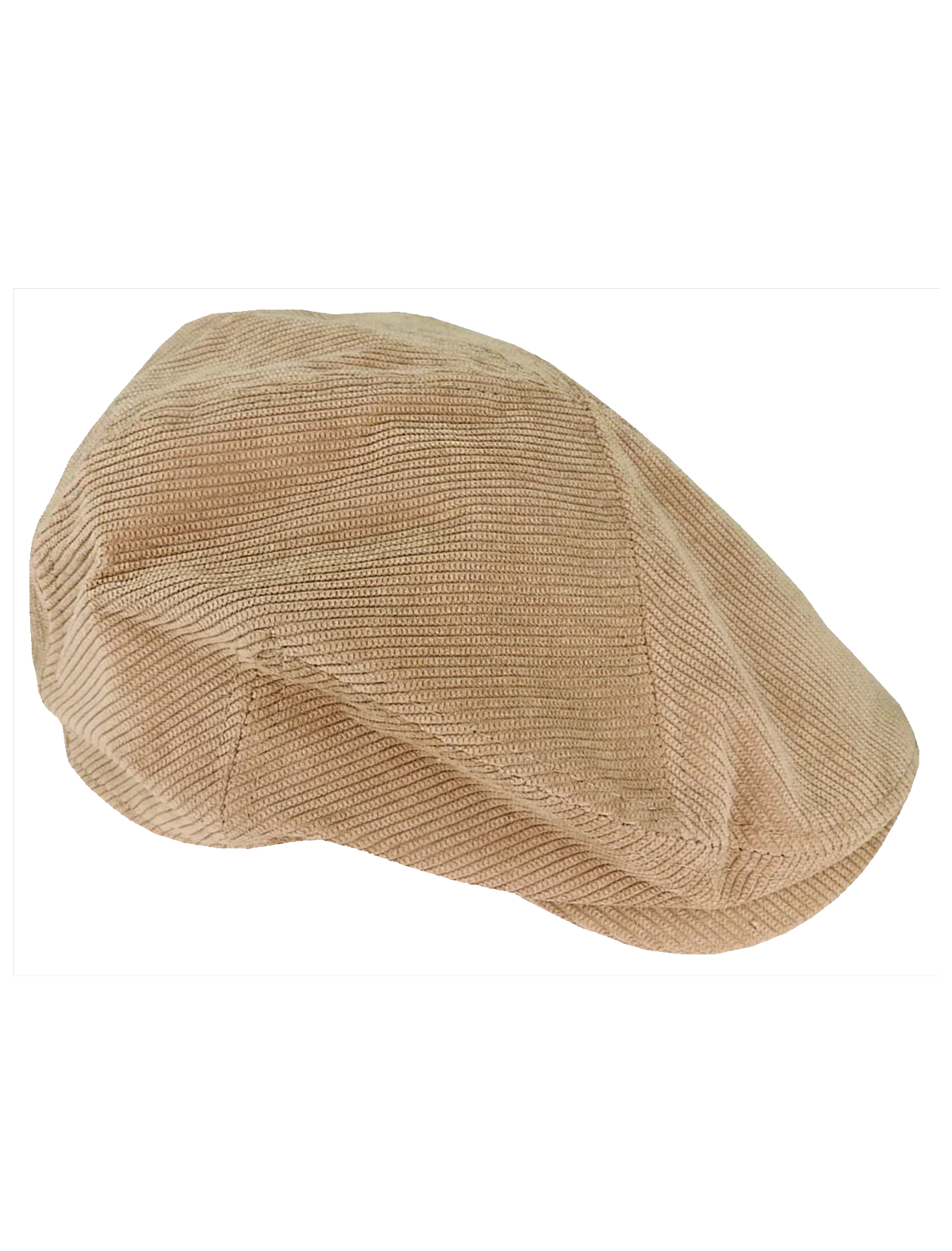 The Avenel Corduroy Cheesecutter Cap features beige cotton corduroy with visible stitching, displayed from the side on a white background.