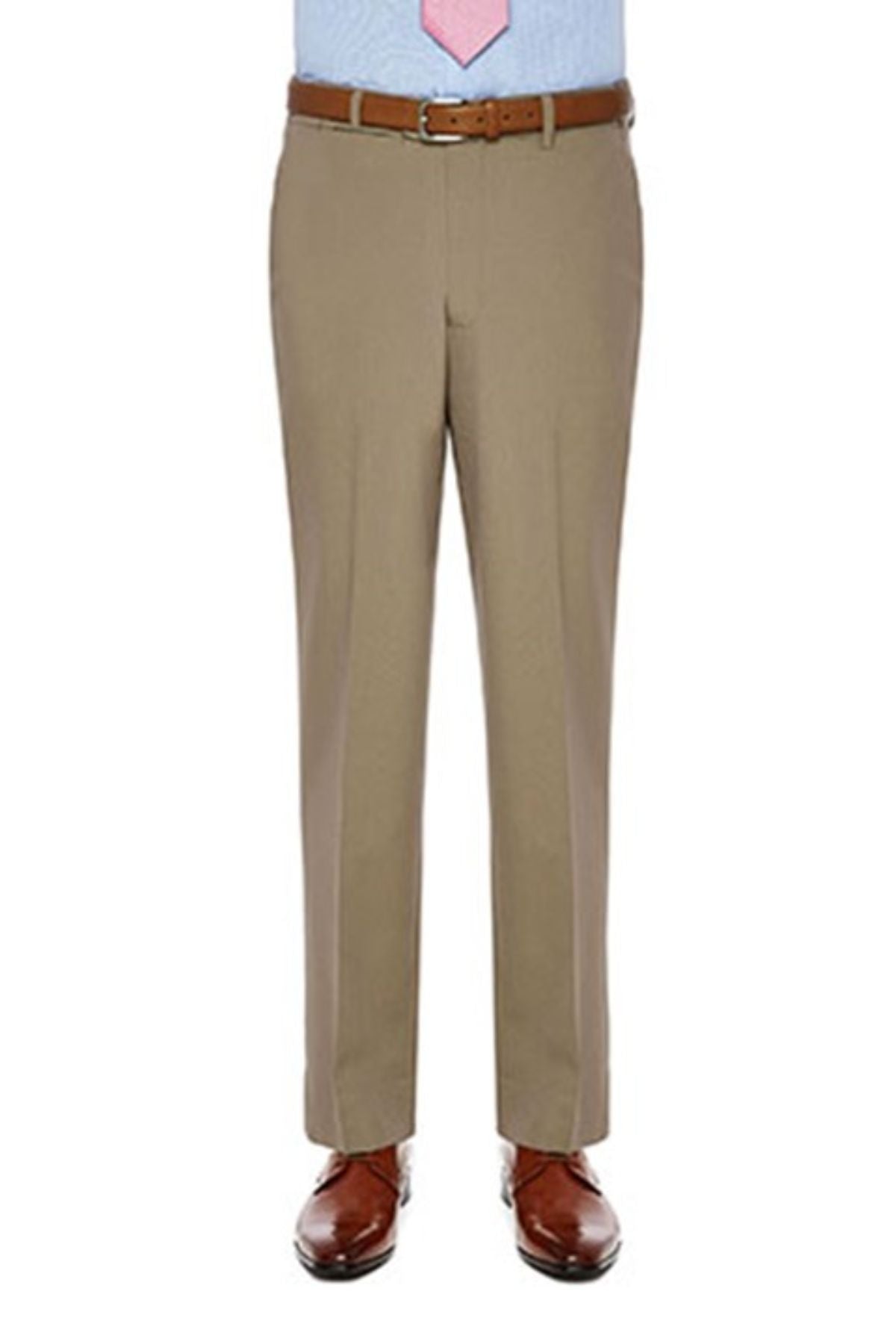 A person wearing City Club Carter 183 tan trousers made from a blend of polyester and wool, a light blue dress shirt with a pink tie, and brown leather dress shoes. They are posed against a white background, and only the lower half of their body is visible.