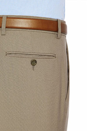 A close-up view of a person wearing the stylish City Club Carter 183 Trousers in beige, complemented by a brown leather belt. The photograph focuses on the back pocket of the trousers, which is secured with a button. Made from a blend of polyester and wool, these trousers pair perfectly with a light blue checkered shirt tucked in neatly.