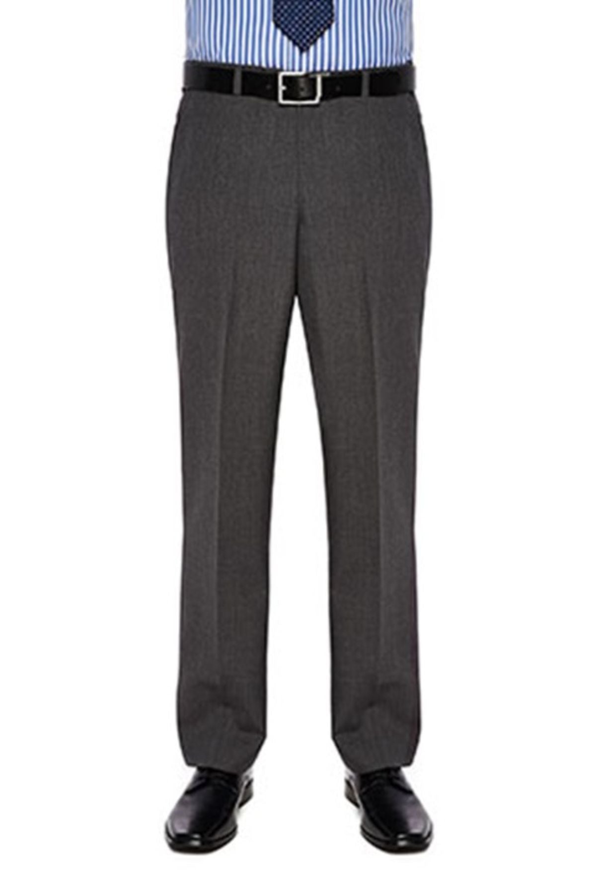 A person is shown from the neck down, dressed in professional attire. They are wearing a light blue striped business shirt tucked into dark gray City Club Carter 183 Trousers featuring a flexi-waist, secured with a black belt, and black dress shoes. A blue dotted tie is partially visible.