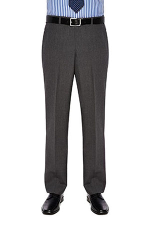 A person is shown from the neck down, dressed in professional attire. They are wearing a light blue striped business shirt tucked into dark gray City Club Carter 183 Trousers featuring a flexi-waist, secured with a black belt, and black dress shoes. A blue dotted tie is partially visible.