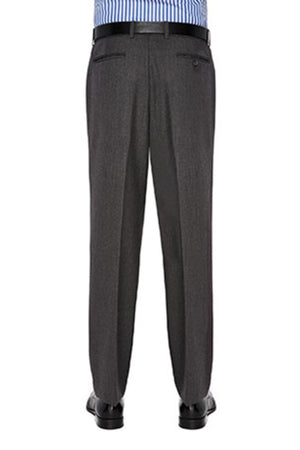 A person wearing dark gray City Club Carter 183 Trousers with a flexi-waist and a black belt, paired with a neatly tucked blue and white striped business shirt. The individual is standing with their back turned, showcasing the back of the trousers, including the pockets and tailored seams, along with black dress shoes.