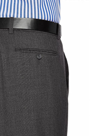 A close-up of the lower torso of a person wearing a blue and white striped business shirt tucked into gray City Club Carter 183 Trousers. The trousers, featuring a flexi-waist for added comfort, have a buttoned back pocket and are accessorized with a black belt.