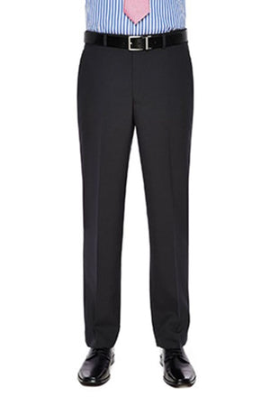 A person wearing stylish City Club Carter 183 Trousers made of polyester and wool, polished black shoes, a blue striped dress shirt with a pink tie, and a black belt. The photo shows the lower torso and legs down to the feet.