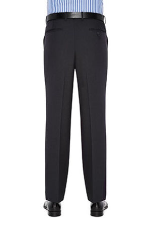 The image shows the back view of a person wearing stylish City Club Carter 183 Trousers, which are a polyester and wool blend, paired with a blue and white striped shirt and black leather shoes. The trousers feature belt loops, secured by a black belt, and two back pockets, one with a button closure on the right side.
