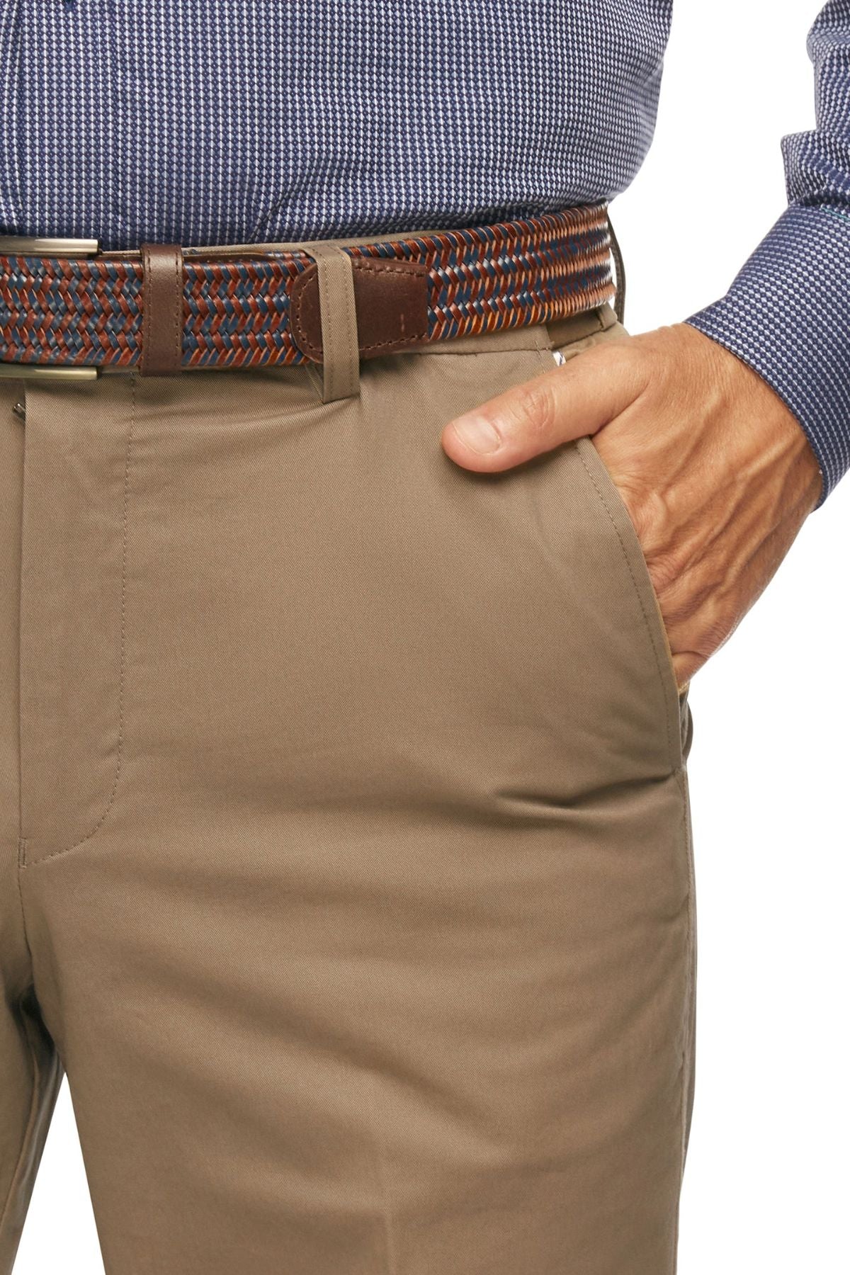 A person wearing comfortable City Club Mariner Harbour Pant with elasticated sides, a blue and white checkered shirt, and a braided brown belt with hints of blue and red. The individual has their right hand in their pants pocket.