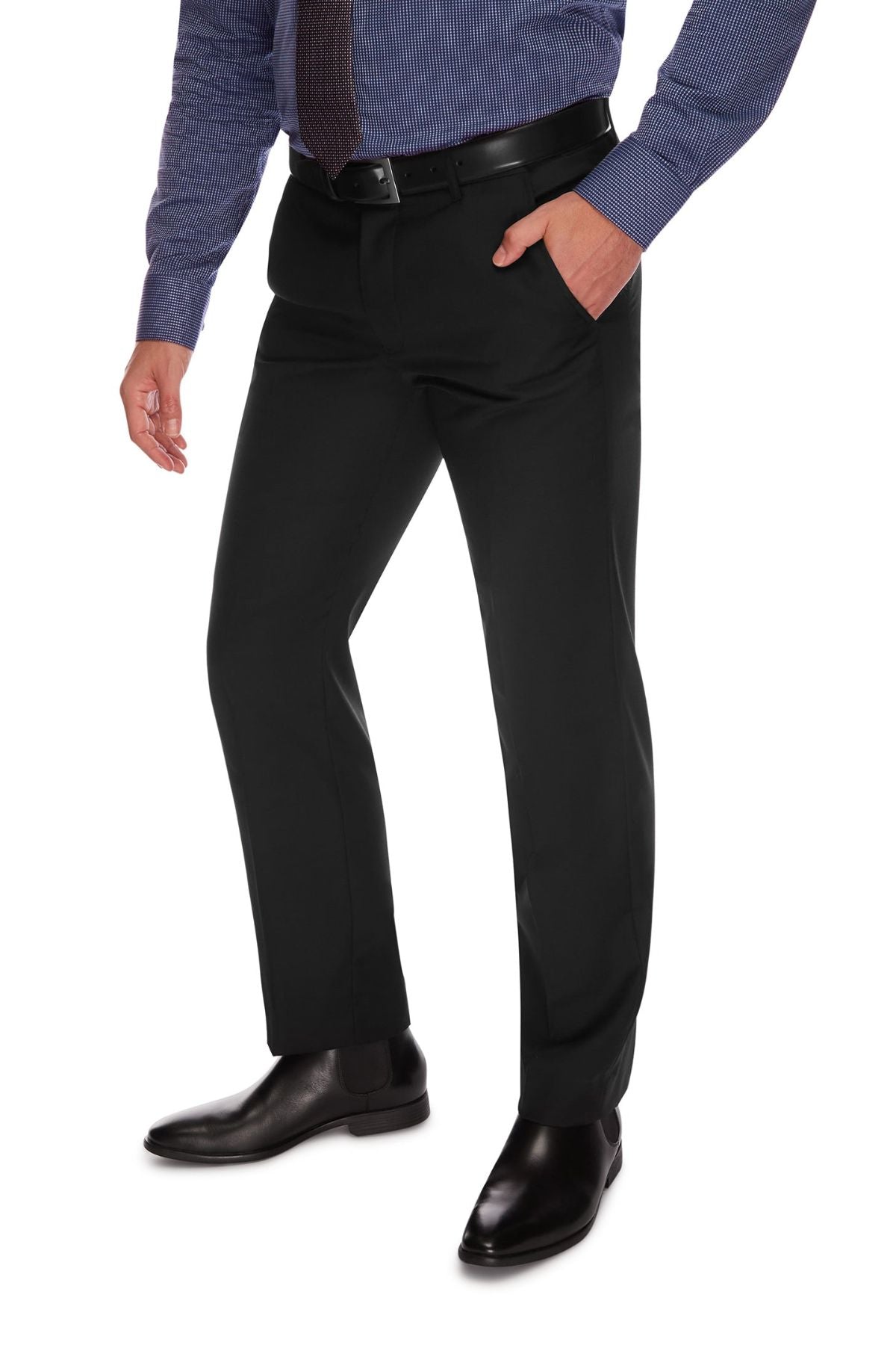 A person wearing City Club SHIMA 1007 pants with a comfortable fit, a blue striped dress shirt, a brown tie, and black dress shoes stands with one hand in their pocket. The photo shows the individual from the shoulders down against a white background.
