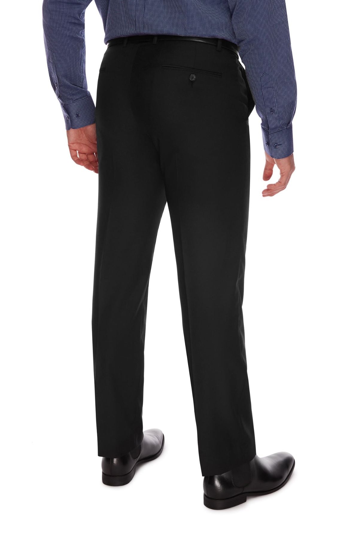 A person wearing a blue, long-sleeve, button-up shirt and black City Club SHIMA 1007 pants with a flexi-waist for a comfortable fit stands with their back to the camera. The person's right hand is partially visible, hanging by their side. The background is plain white.