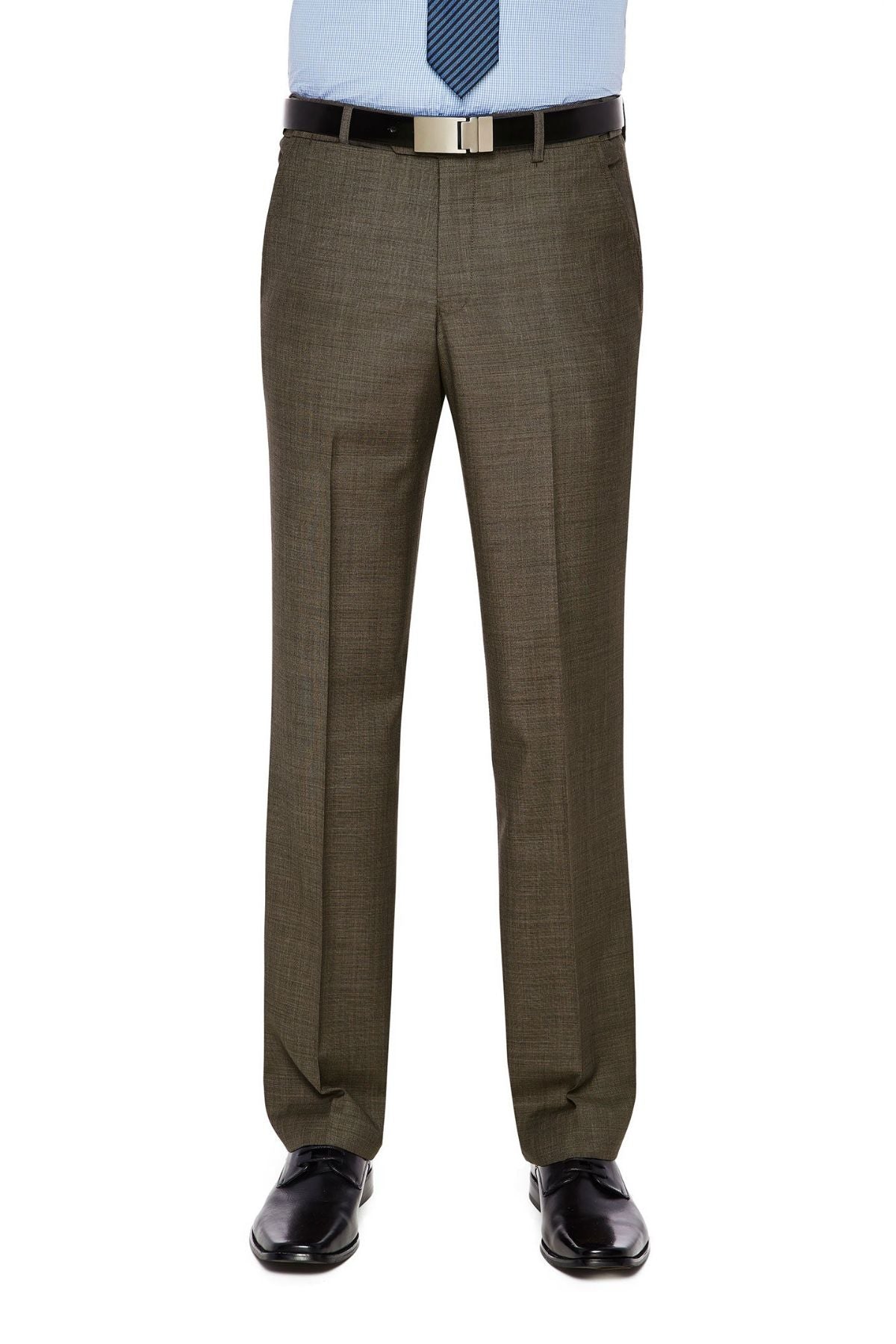 A person wearing stylish City Club SHIMA 1007 olive-colored dress pants with a flexi-waist, a black belt with a metallic buckle, and black dress shoes, paired with a light blue business shirt and a navy blue patterned tie. The person's upper body is out of the frame.