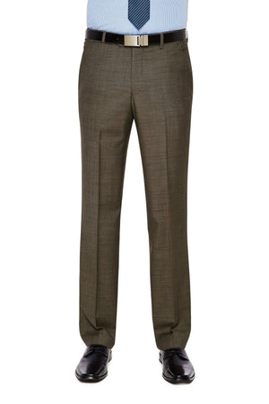 A person wearing stylish City Club SHIMA 1007 olive-colored dress pants with a flexi-waist, a black belt with a metallic buckle, and black dress shoes, paired with a light blue business shirt and a navy blue patterned tie. The person's upper body is out of the frame.