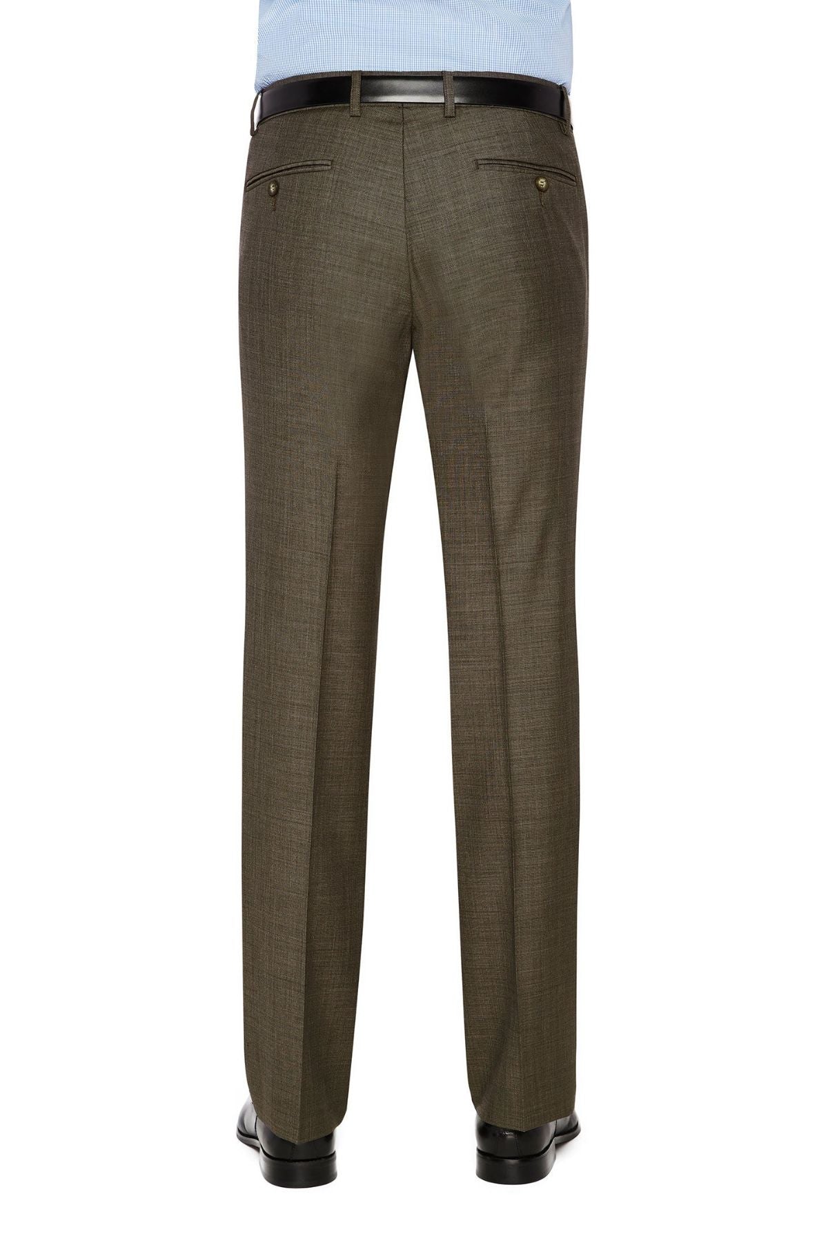 A person wearing the City Club SHIMA 1007 stylish olive green dress pants with a black belt, viewed from the back. The pants feature two back pockets with button closures and pleats running down each leg. The individual pairs them with a light blue business shirt and black dress shoes.