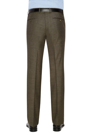 A person wearing the City Club SHIMA 1007 stylish olive green dress pants with a black belt, viewed from the back. The pants feature two back pockets with button closures and pleats running down each leg. The individual pairs them with a light blue business shirt and black dress shoes.
