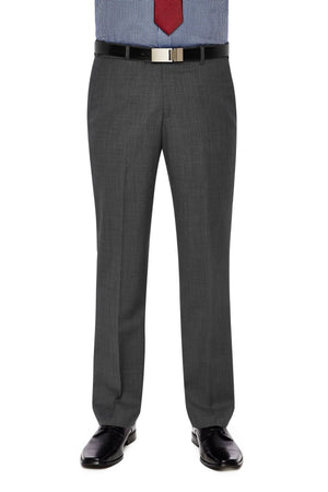 A person wearing a blue checkered button-up shirt with a red tie, gray City Club SHIMA 1007 pants featuring a comfortable fit and flexi-waist, a black belt with a silver buckle, and black dress shoes. The photo is cropped to show from the shoulders down to the shoes.