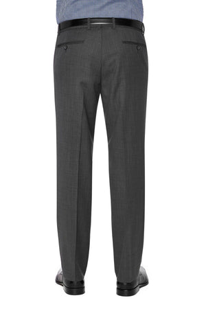 A person is standing, facing away from the camera, wearing City Club SHIMA 1007 pants in grey with a comfortable fit and a black belt. The lower half of a blue and white checkered shirt is visible above the waistband. The person's feet are adorned in black dress shoes.