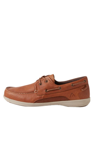 The Colorado Askit Casual Shoe is a brown leather lace-up with side stitching and a white slip-resistant sole, shown in profile on a white background.