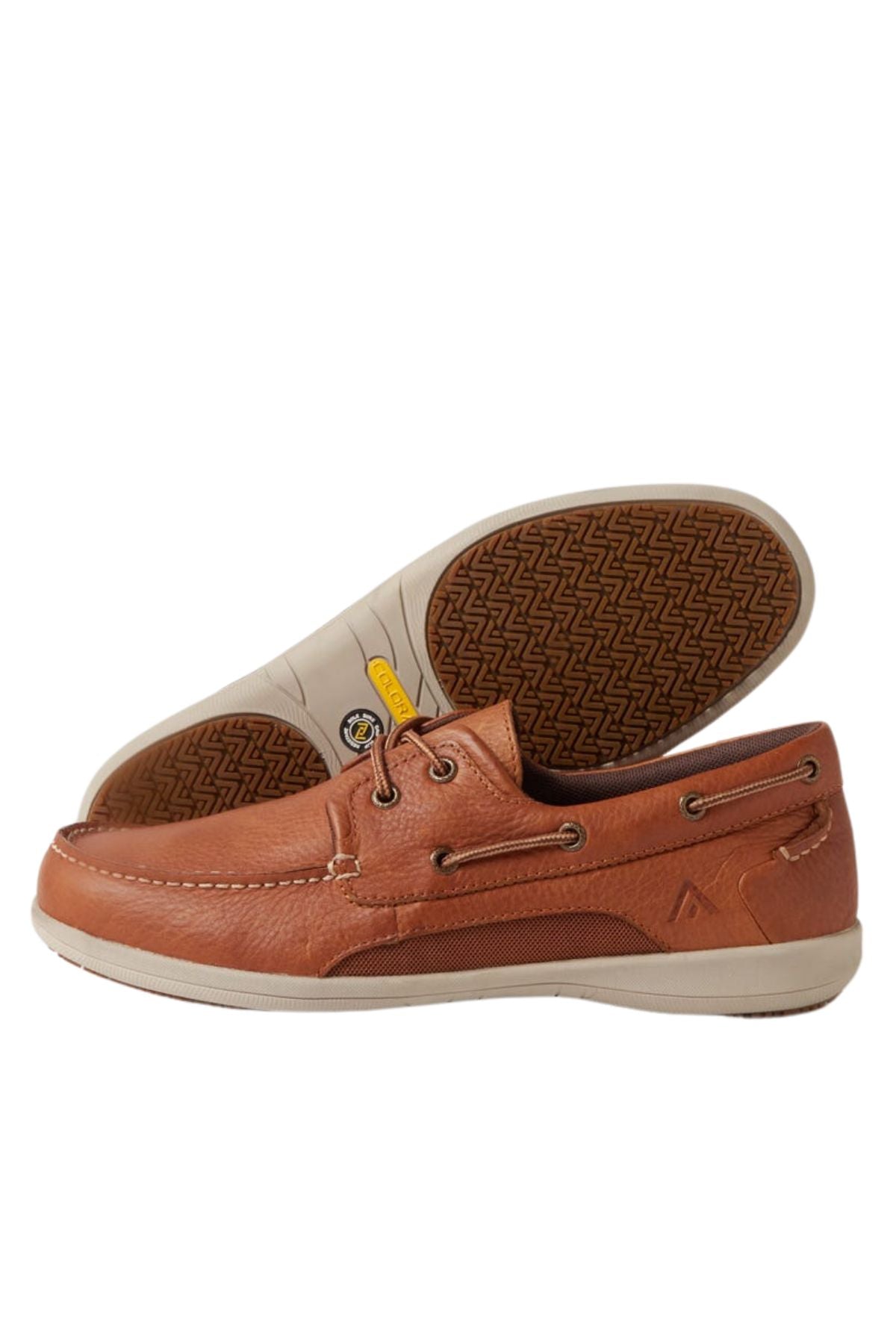 The Colorado Askit Casual Shoe is a brown leather moccasin-stitched boat shoe with side laces and white, slip-resistant rubber soles—one shoe lies flat while the other reveals its textured sole for a classic casual look.