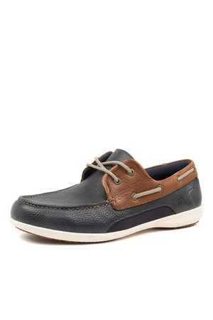 The Colorado Askit Casual Shoe is a dark blue and brown leather loafer with beige laces, featuring a slip-resistant white rubber sole. It has a moccasin-style toe and contrasting brown panel at the heel, showcased against a white background.