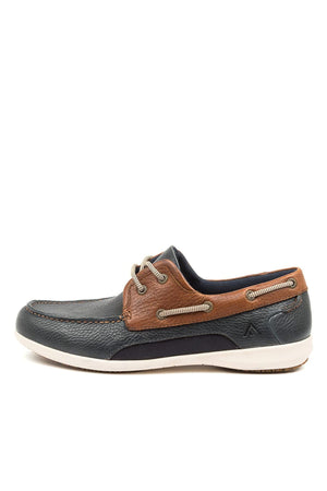 Side view of the Colorado Askit Casual Shoe, showcasing dark green and brown leather with white stitching. It features metal eyelets, beige laces, and a white slip-resistant rubber sole for stability. The sure arch footbed provides comfort for every adventure.
