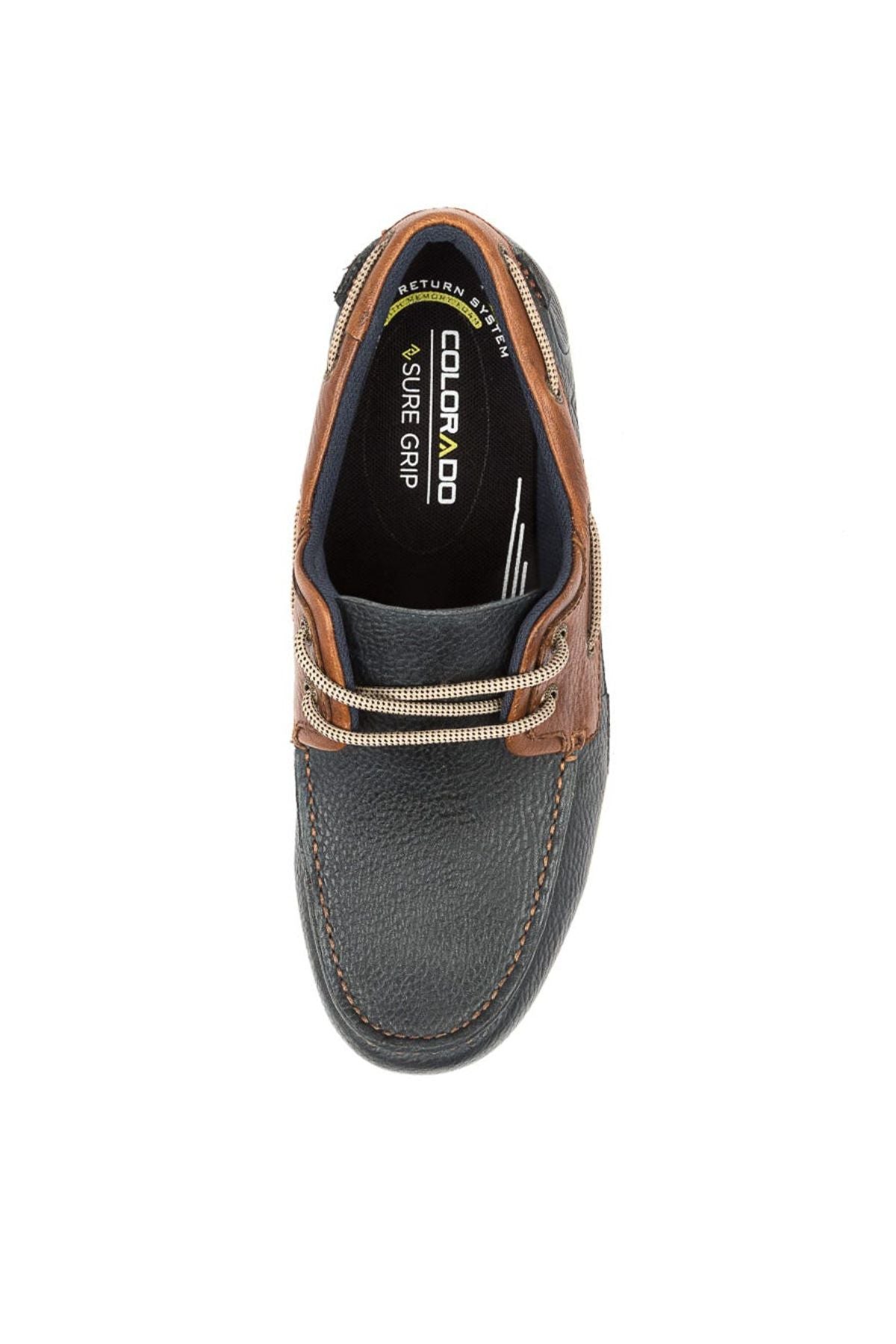 Top view of the Colorado Askit Casual Shoe in men's dark brown and black leather with visible stitching and a textured surface. It features a "Colorado Sure Grip" insole, Sure Arch Footbed for comfort, an elastic band for a secure fit, and a slip-resistant sole.