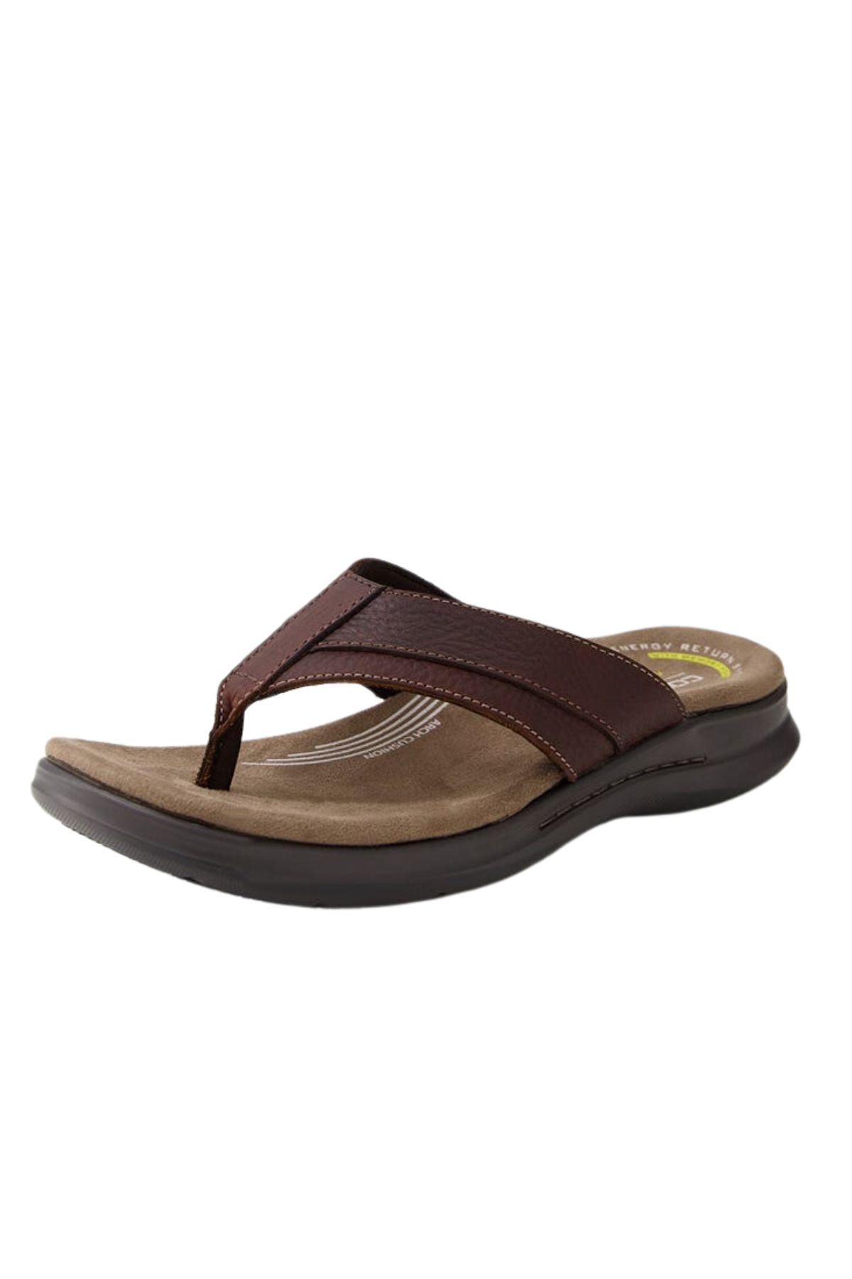 The Colorado Incara Leather Thongs are brown leather sandals with a Memory Foam Footbed and a black slip-resistant sole, displayed at an angle on a white background.