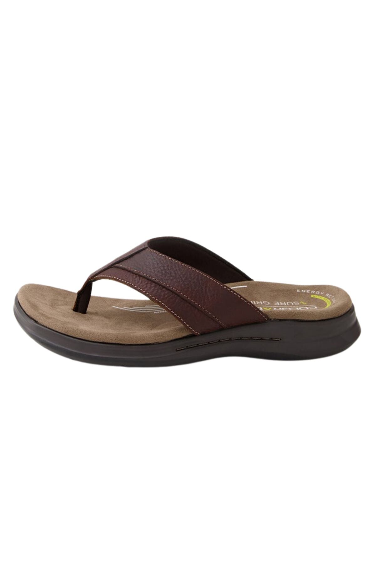 The Colorado Incara Leather Thongs are brown and tan flip-flop sandals with a thick dark brown strap, cushioned footbed, and slip-resistant sole, shown in side profile against a white background.