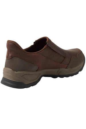 The Colorado Joao Casual Shoe is a brown slip-on with a rubber sole, reinforced heel, and a blend of leather and fabric. Featuring a Sure Arch Footbed for extra comfort, its angled display highlights the back and side.