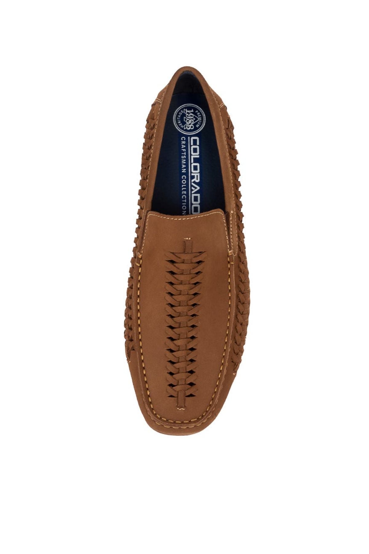 The Colorado Massar Casual Shoe is a single brown loafer with visible stitching and woven leather detailing on the top and sides, shown from a top-down view against a white background.