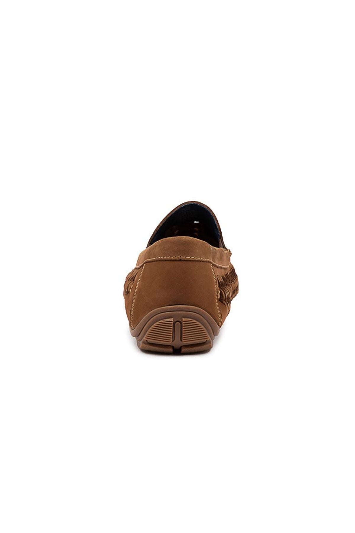 The Colorado Massar Casual Shoe, shown from the back, displays its brown woven leather, detailed stitching, heel, and sole. This stylish loafer is set against a plain white background.