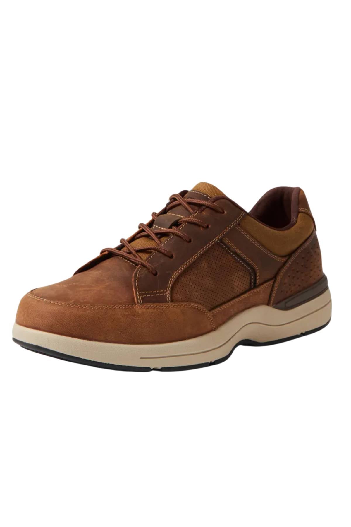 The Colorado Reach Lace Up Shoe is a brown casual lace-up with a beige slip-resistant sole, dark brown accents, textured side panel, and cushioned collar.