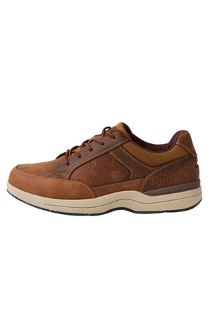 The Colorado Reach Lace Up Shoe is a brown men's casual leather shoe with a lace-up design, white slip-resistant sole, and mixed leather and fabric panels, shown in side profile on a plain white background.