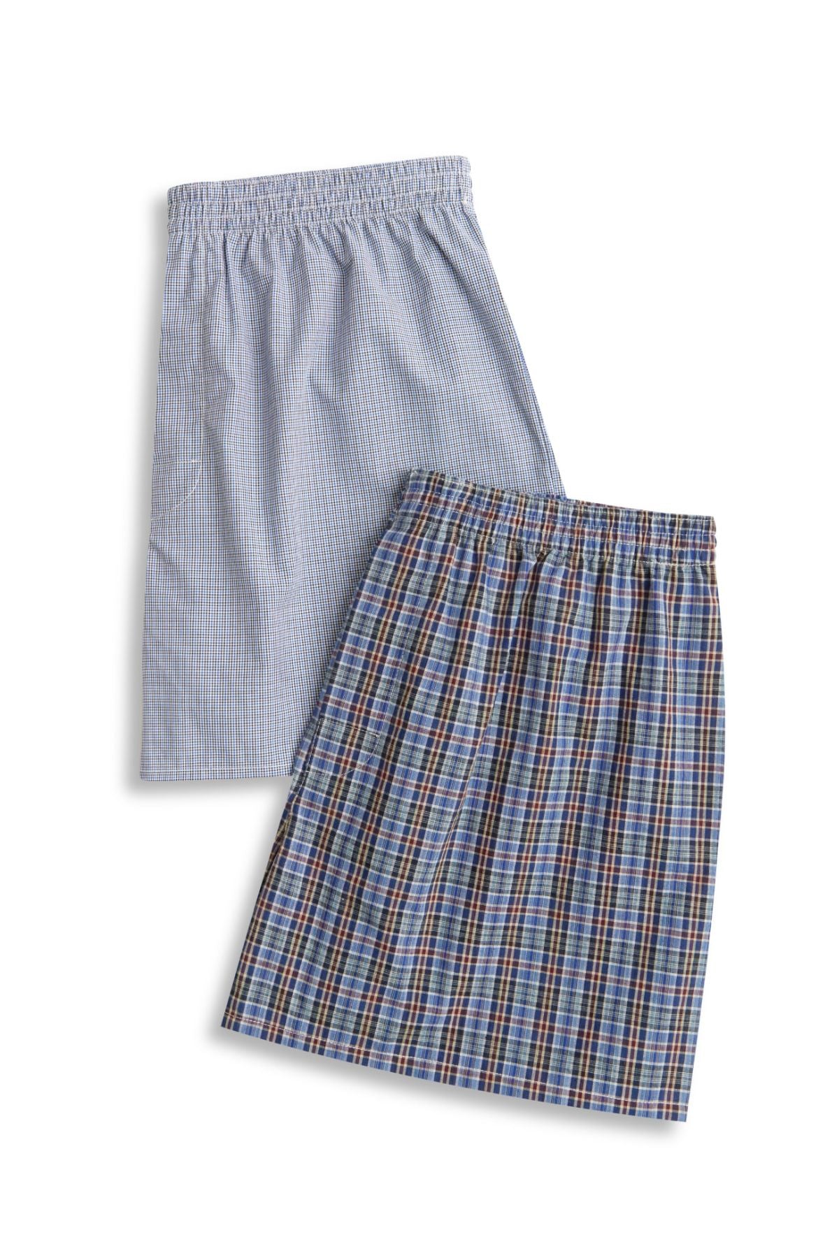 The Contare Cotton 2 Pack Check Boxer Short includes two men's cotton boxers with elastic waists: one in light blue micro-check and the other in multicolored plaid, both shown flat against a white background.