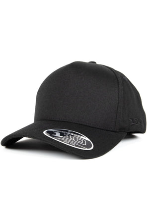 The FlexFit 110 A Frame Cap is plain black with a curved peak, a sticker on the brim, and subtle stitched logo details on the side.